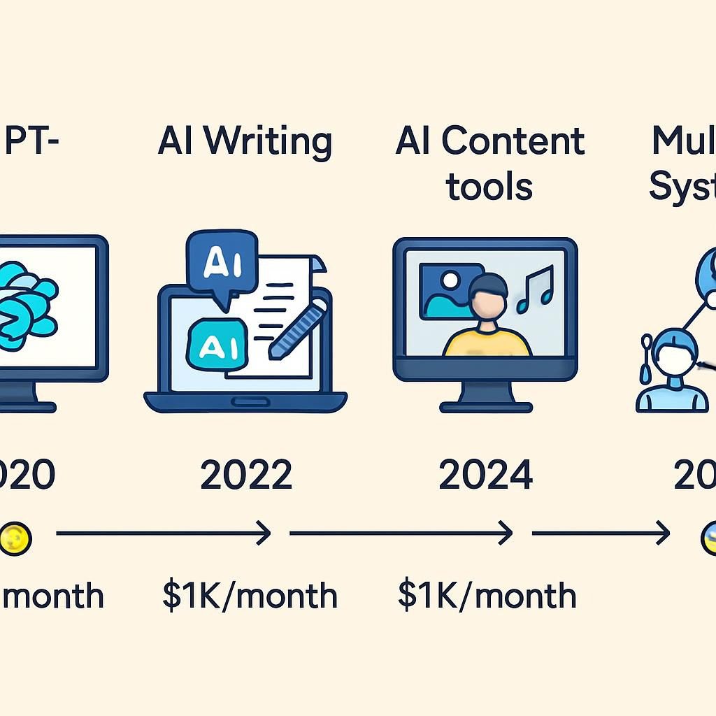 Timeline of AI content tools evolution, from GPT-3 in 2020 to multi-agent systems in 2025, with earnings milestones like $1K/month thresholds