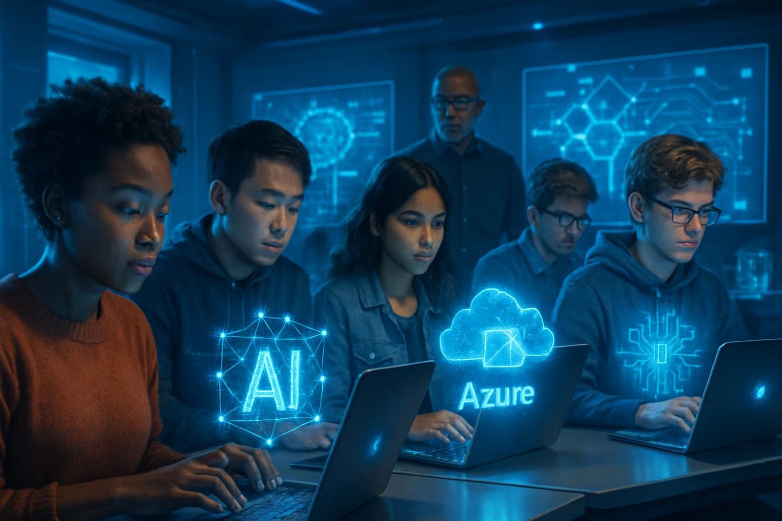 Beginners exploring Microsoft AI curriculum in virtual class