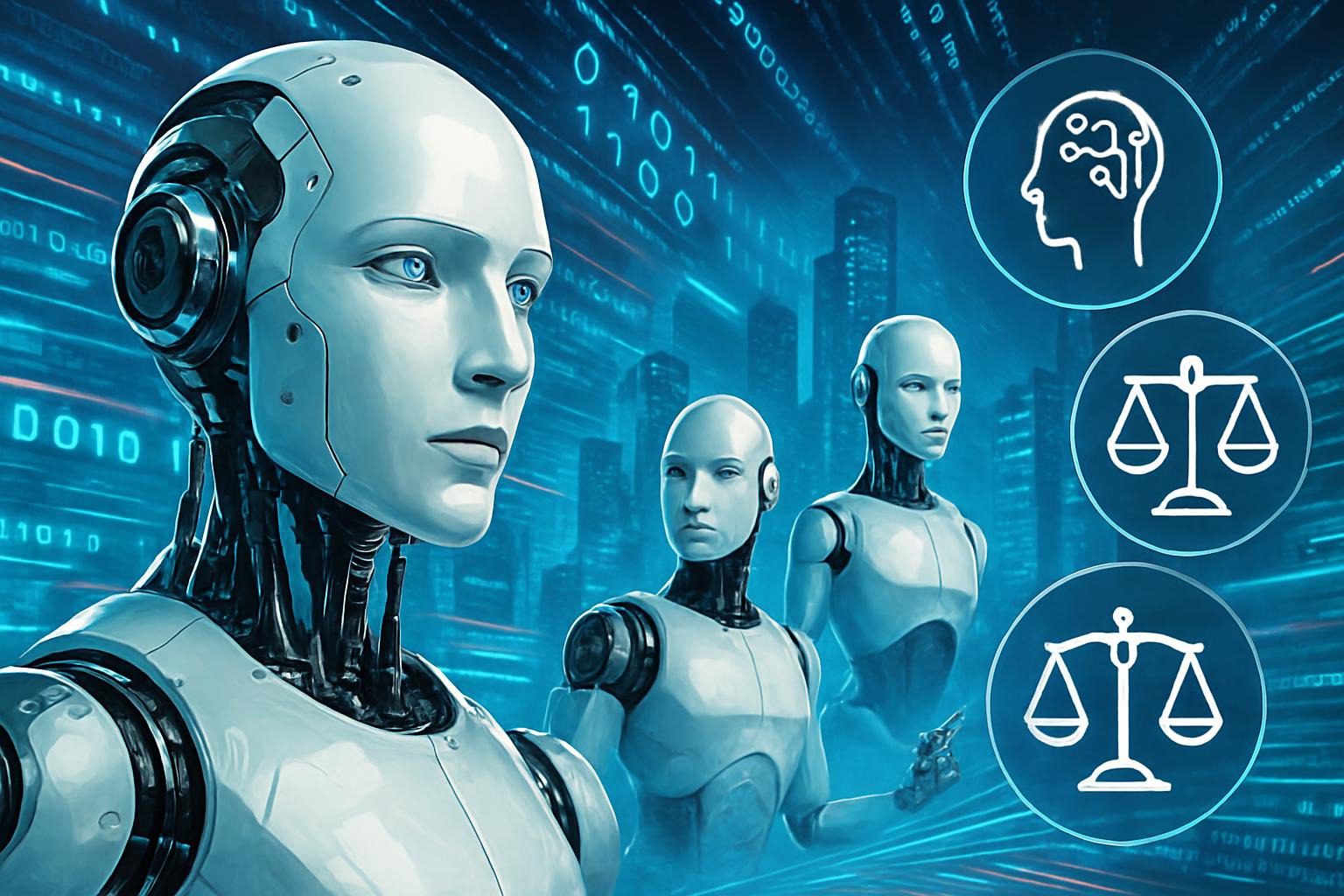 2025 AI trends collage with robots, data streams, ethical icons, high-tech cityscape background, dynamic composition