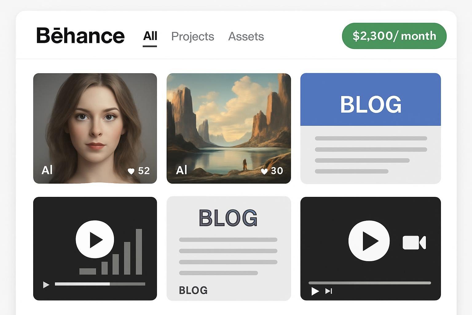 screenshot-style mockup: Behance portfolio page—grid of AI thumbnails, blogs, videos with earnings projections overlaid