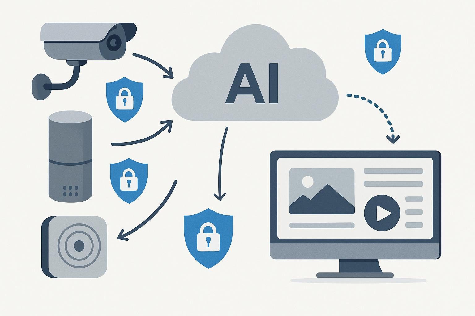 Edge AI ecosystem—devices (cameras, sensors) feeding into content gen pipeline, with privacy shields icons
