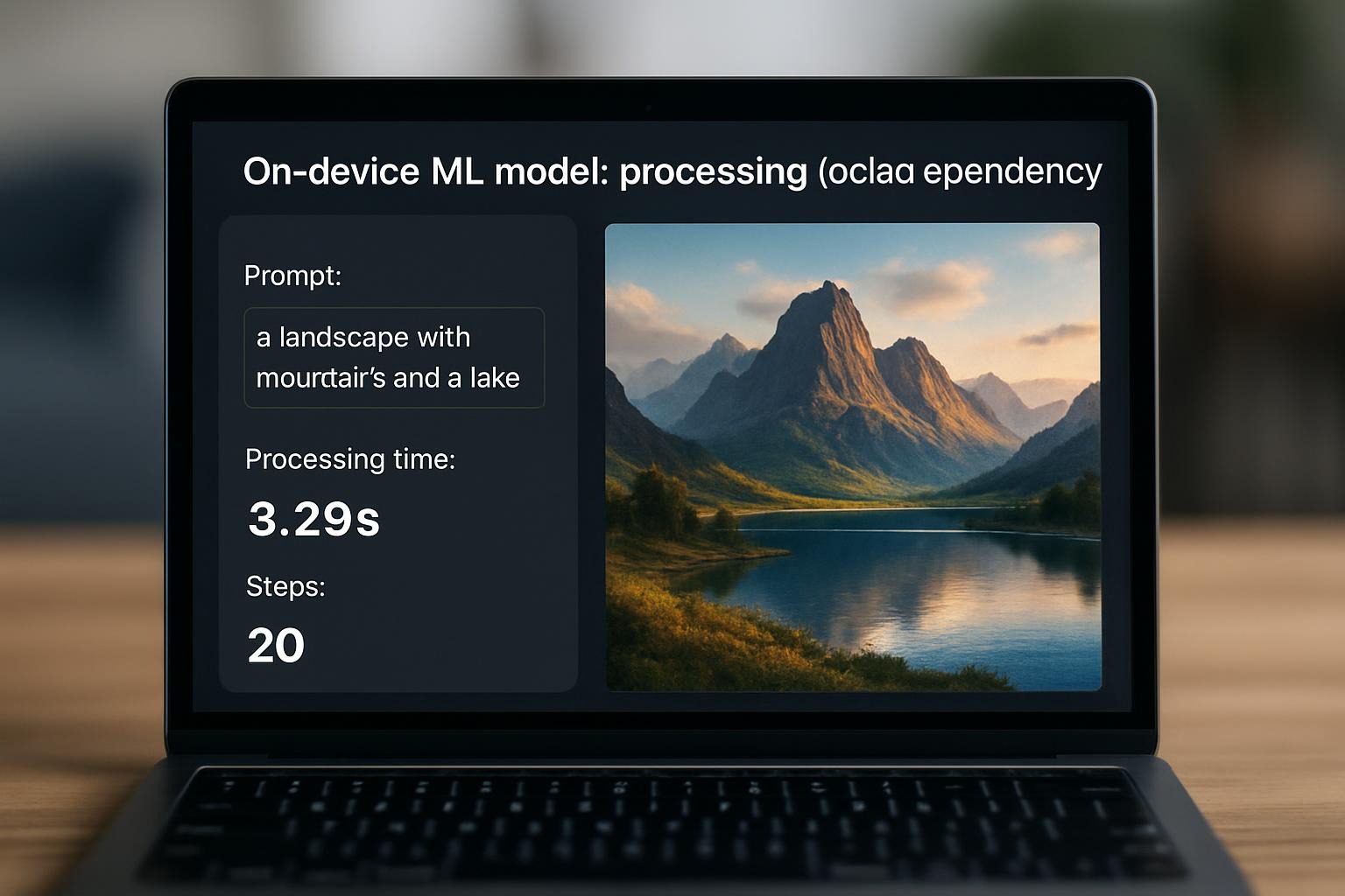 On-device WASM ML demo—laptop screen showing local AI processing text to image, no cloud dependency, with speed metrics