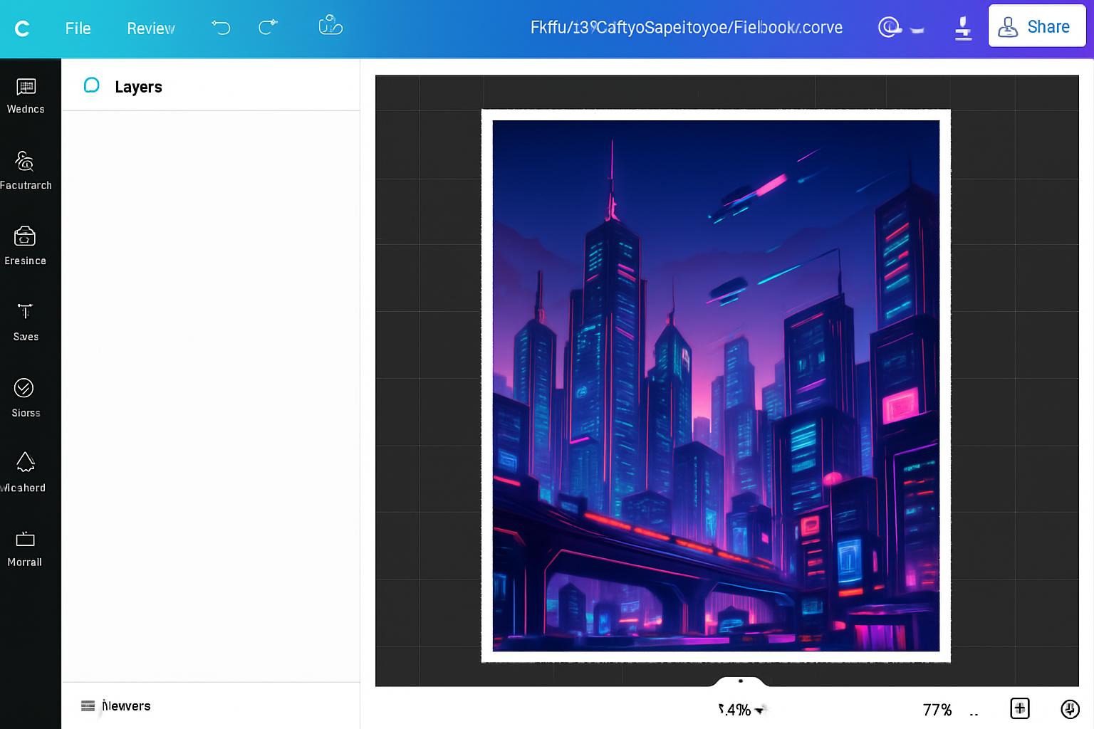 screenshot-style mockup: Midjourney prompt "futuristic cityscape for sci-fi ebook cover" yielding a vibrant, neon-lit illustration with editable layers in Canva