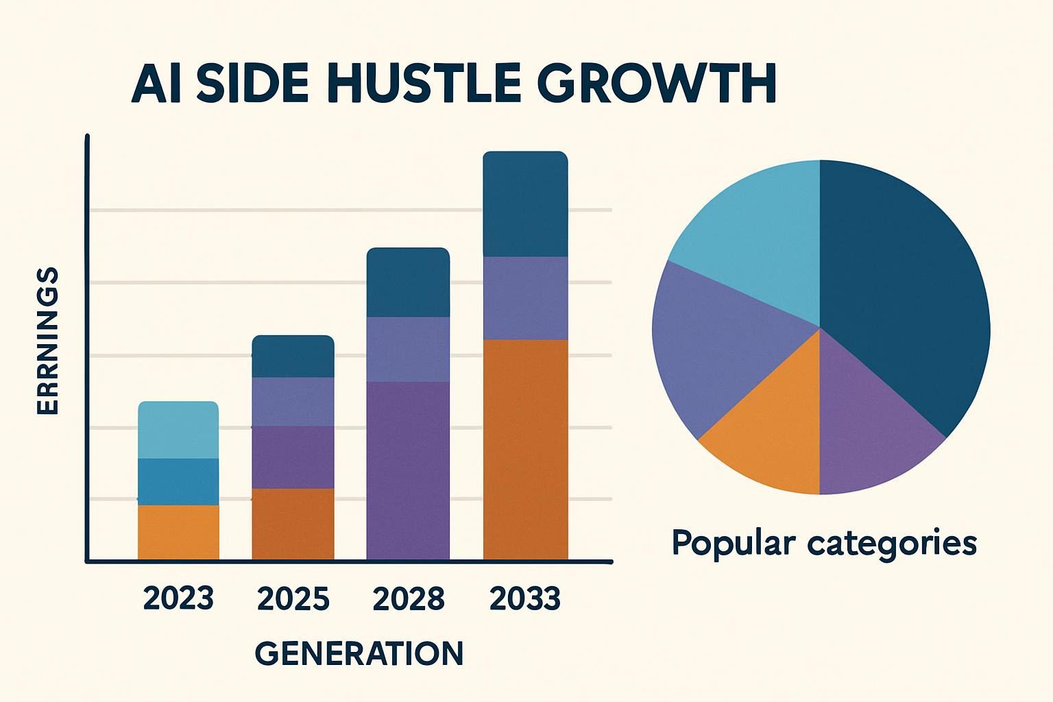 Infographic showing AI side hustle growth timeline from 2023 to 2033, with bars for earnings by generation and a pie chart for popular categories