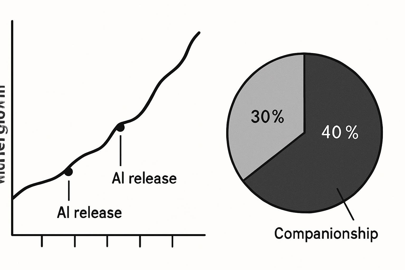 A line graph illustrating market growth from 2024 to 2033, highlighting peaks at key AI releases, accompanied by a pie chart showing use cases (40% for marketing and 30% for companionship